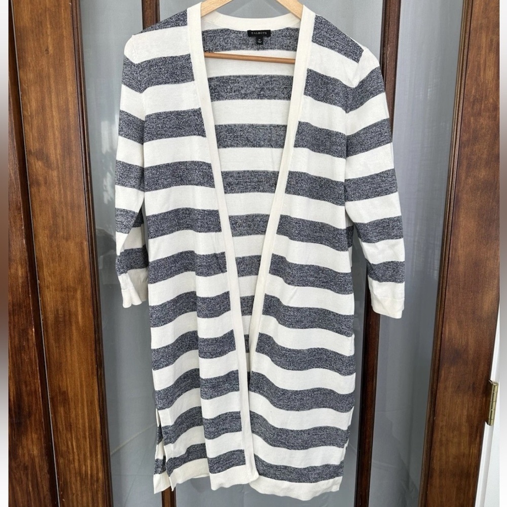 Talbots Sweater Gray White Striped Open Long Duster Cardigan Sz M Pima Cotton